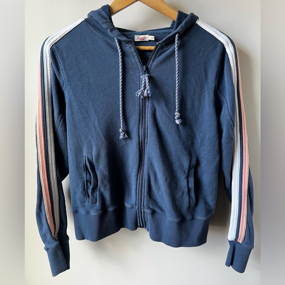 Faherty Navy Zip-Up Hoodie with Pink and White Stripes